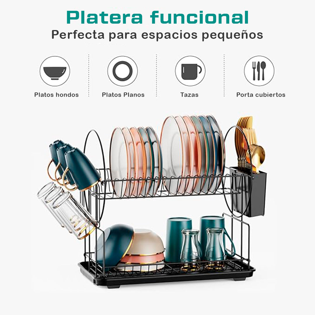 Platera Económica - Escurridor de platos de 2 niveles portavasos y juego de escurridor