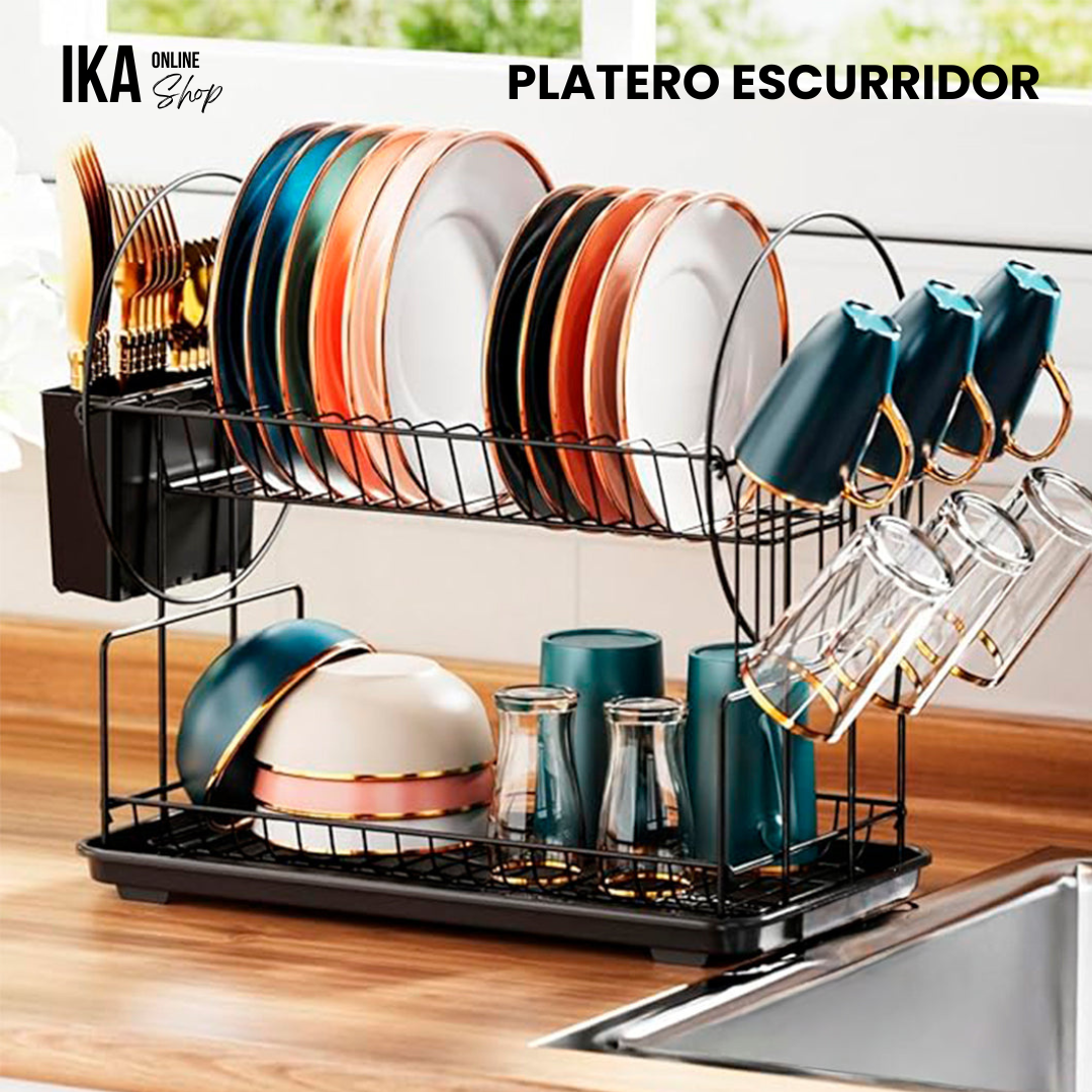 Platera Económica - Escurridor de platos de 2 niveles portavasos y juego de escurridor